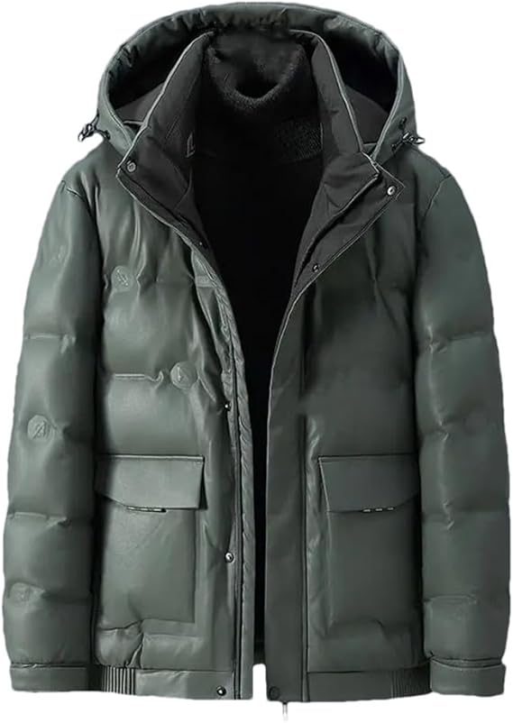 FULBHPRINT Men's Sheepskin Coat Thicken Hood Down Jacket Winter Luxury Genuine Leather Puffer Jacket